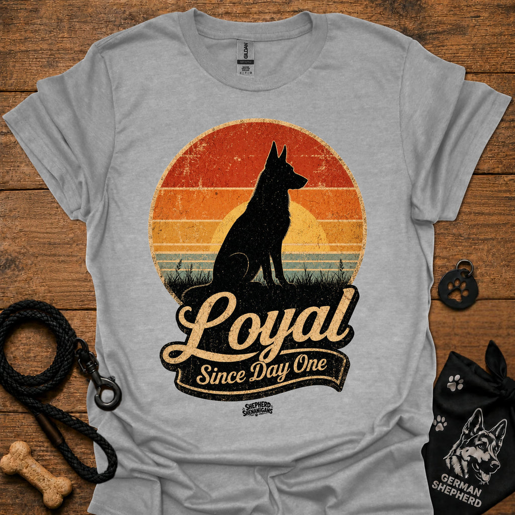 Heather gray dog silhouette graphic T-shirt with vintage-style badge emblem