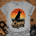 Heather gray dog silhouette graphic T-shirt with vintage-style badge emblem