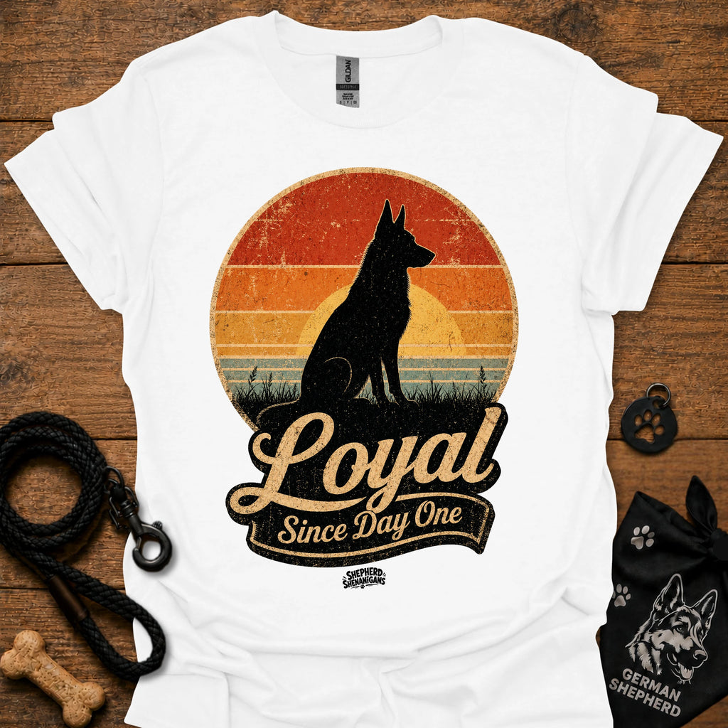 White dog silhouette graphic T-shirt with vintage-style badge emblem