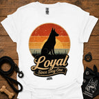 White dog silhouette graphic T-shirt with vintage-style badge emblem