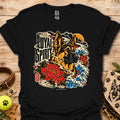 Black Loyal Spirit T-shirt with wolf, floral, and wave graphic on front