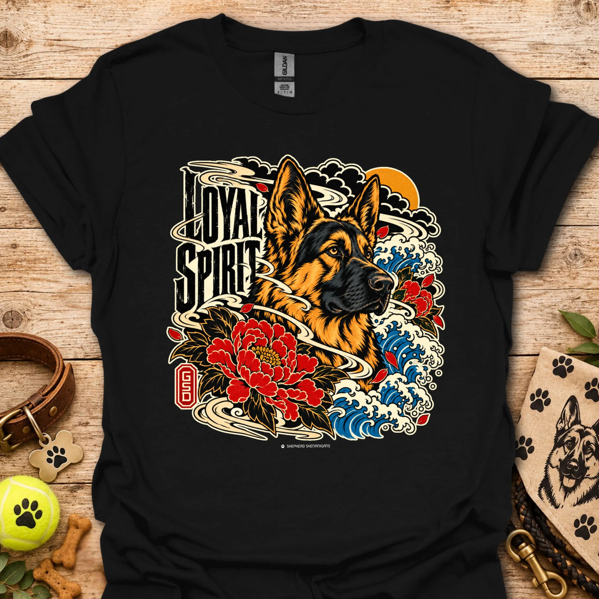 Black Loyal Spirit T-shirt with wolf, floral, and wave graphic on front