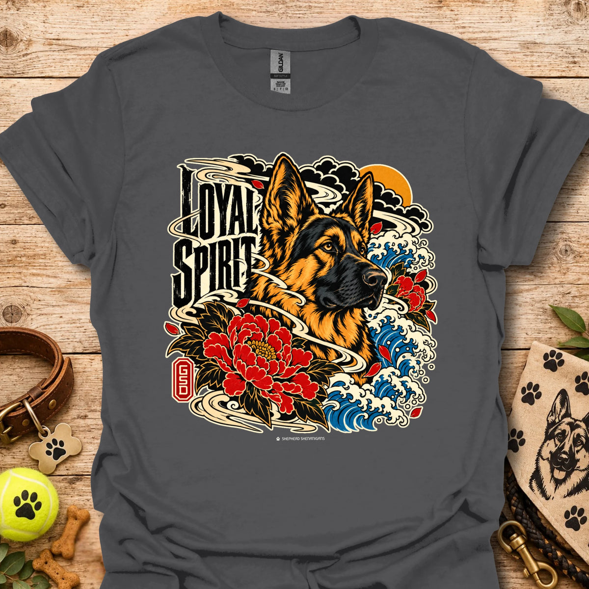 Charcoal Loyal Spirit T-shirt with wolf, floral, and wave graphic on front