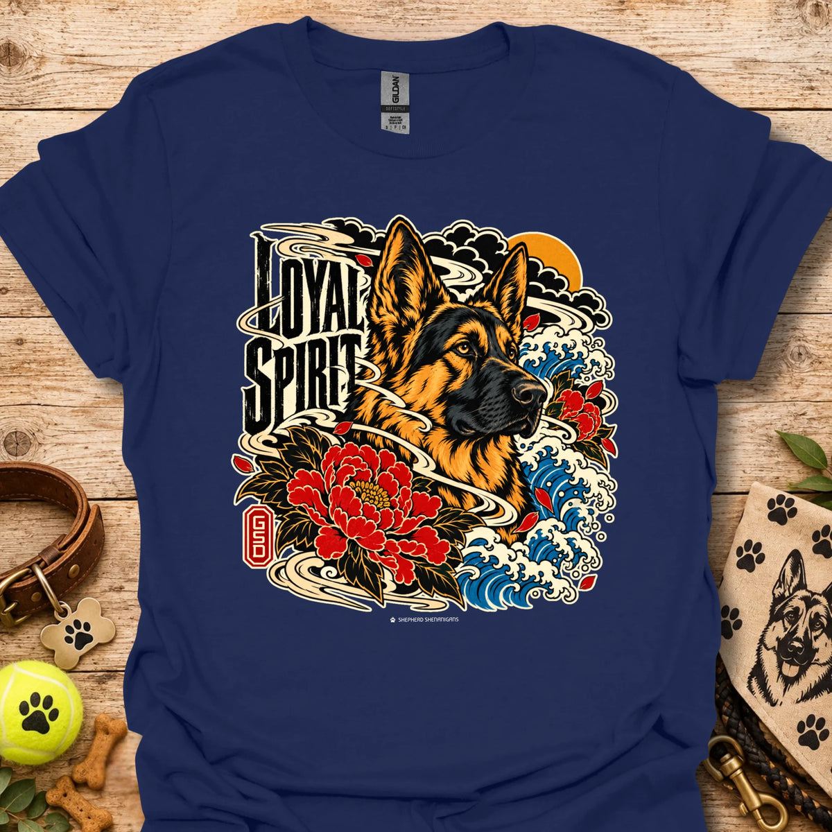 Navy Loyal Spirit T-shirt with wolf, floral, and wave graphic on front