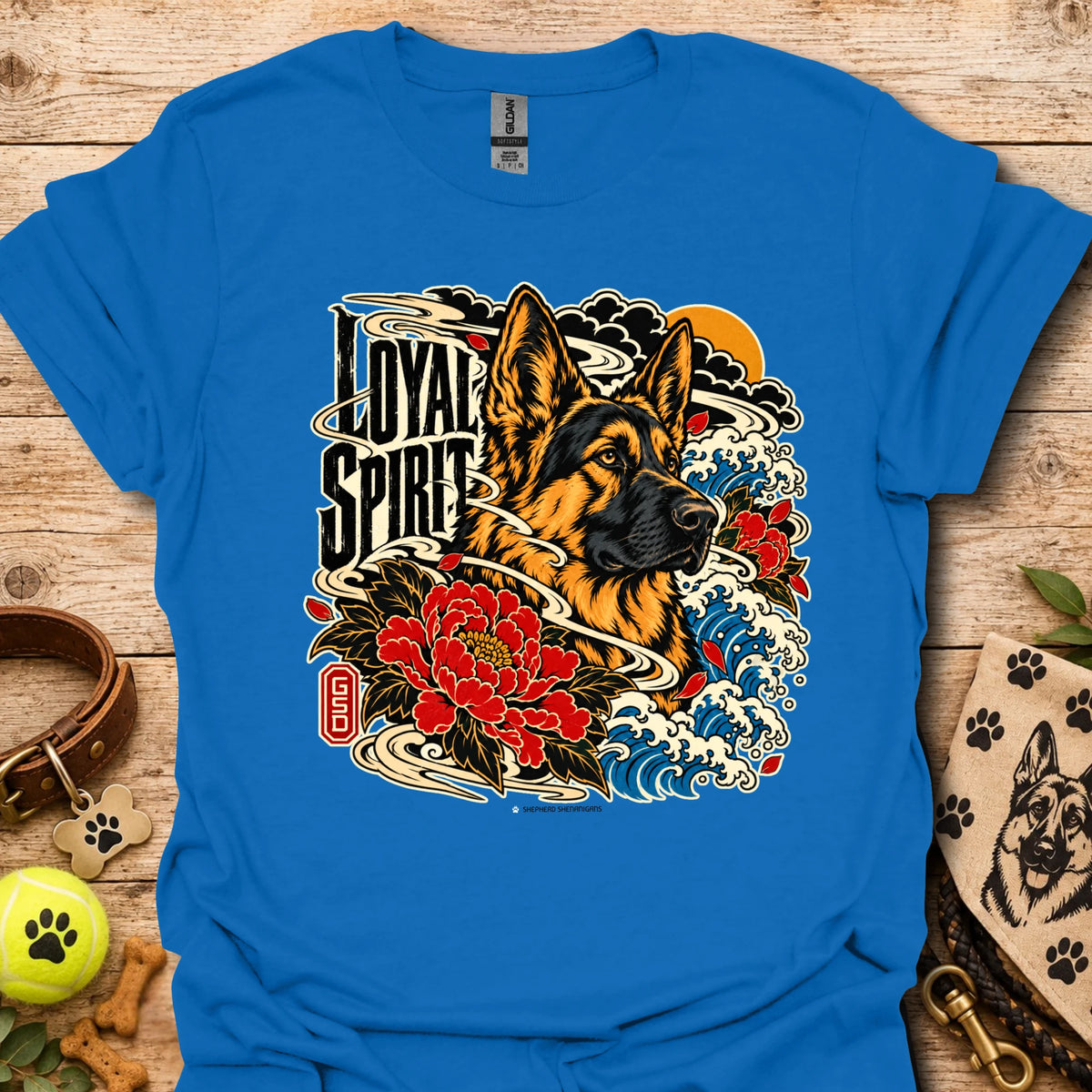 Royal Loyal Spirit T-shirt with wolf, floral, and wave graphic on front