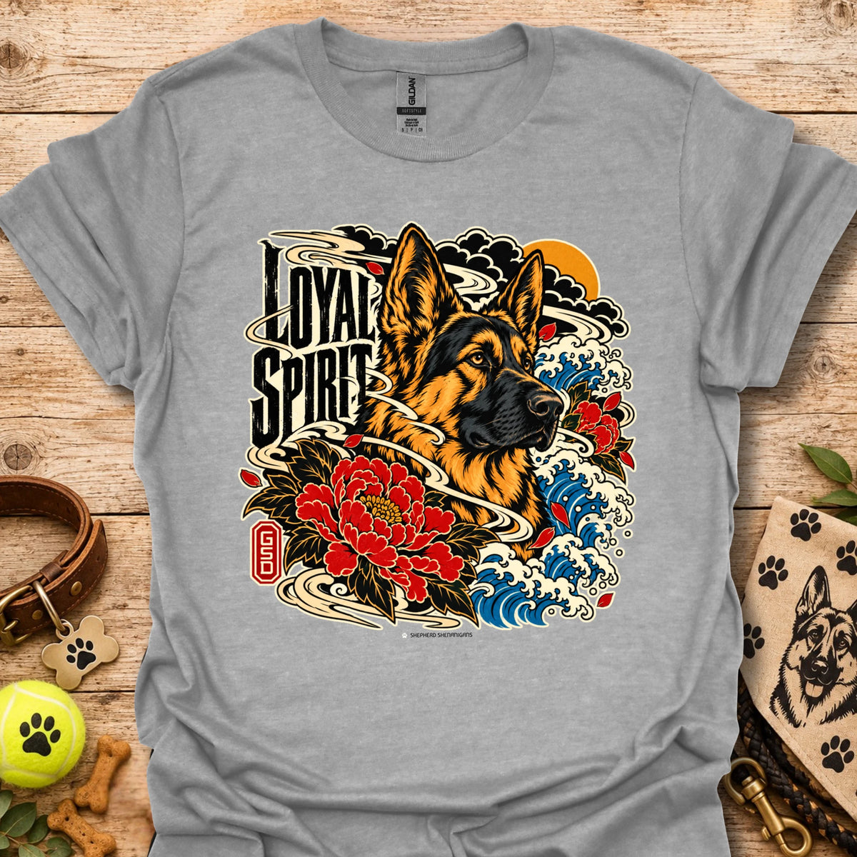 Sport grey Loyal Spirit T-shirt with wolf, floral, and wave graphic on front