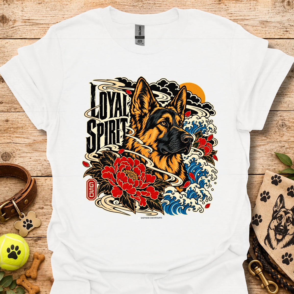 White Loyal Spirit T-shirt with wolf, floral, and wave graphic on front