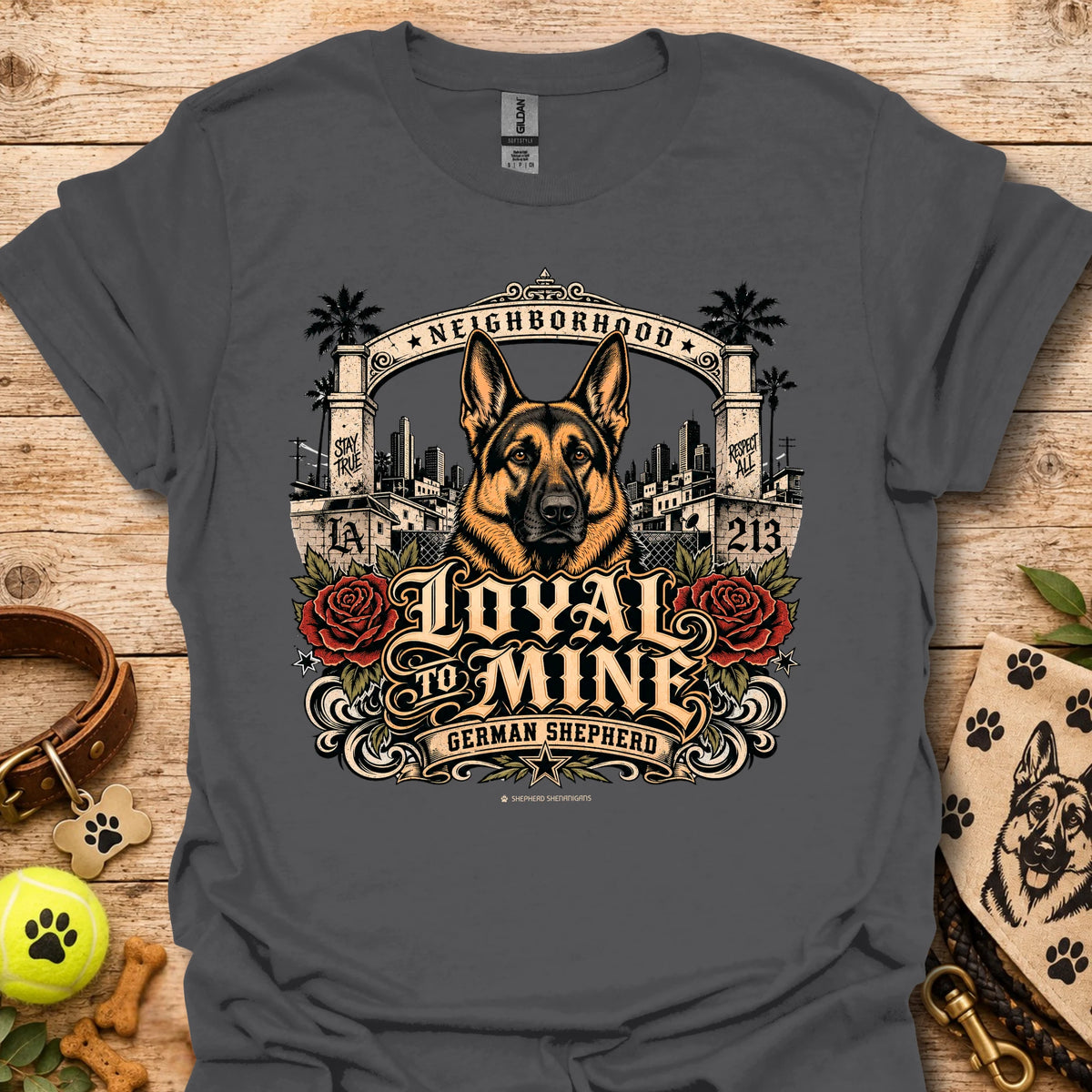 Charcoal Loyal To Mine T-Shirt with German shepherd front graphic and roses