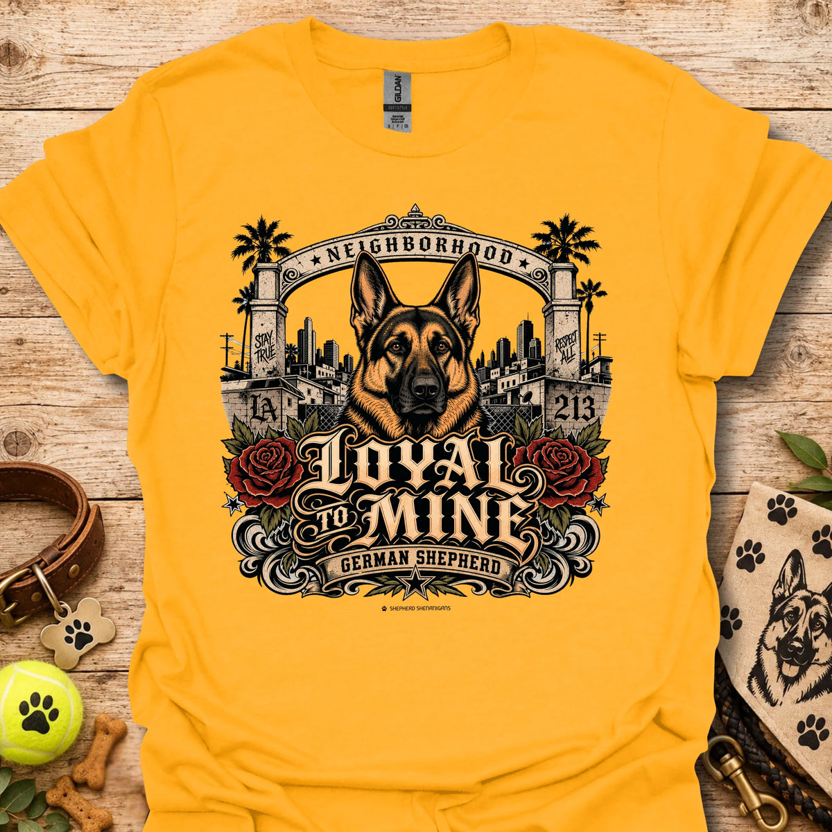 Gold Loyal To Mine T-Shirt with German shepherd front graphic and roses