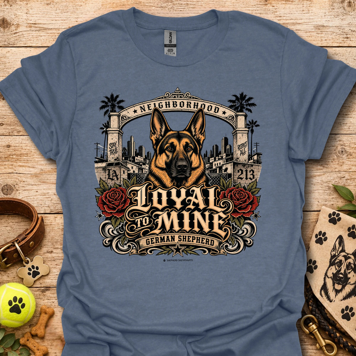 Heather indigo Loyal To Mine T-Shirt with German shepherd front graphic and roses