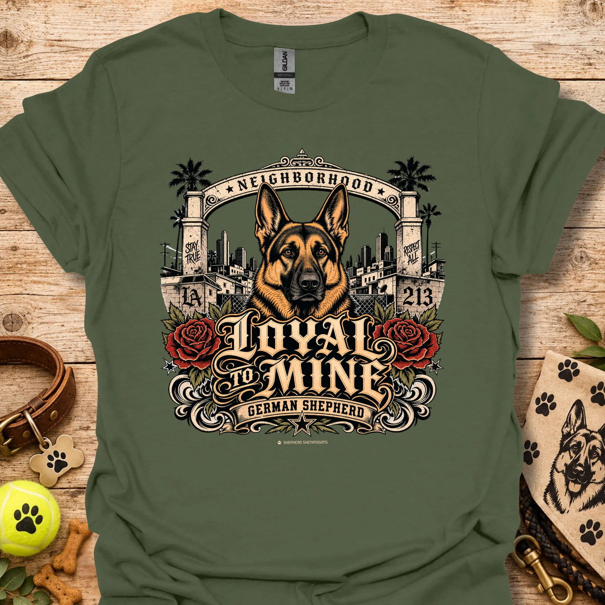 Military green Loyal To Mine T-Shirt with German shepherd front graphic and roses