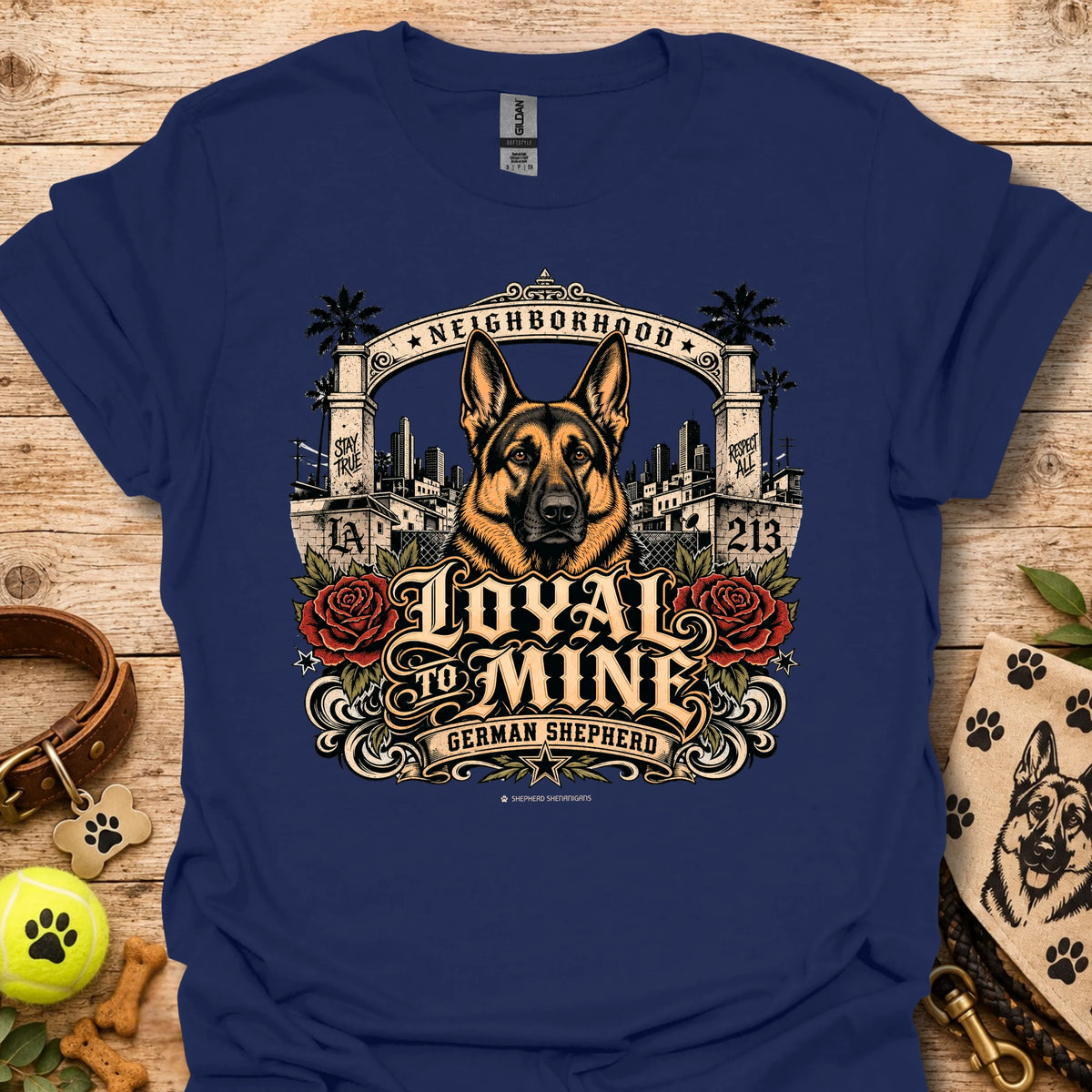 Navy Loyal To Mine T-Shirt with German shepherd front graphic and roses