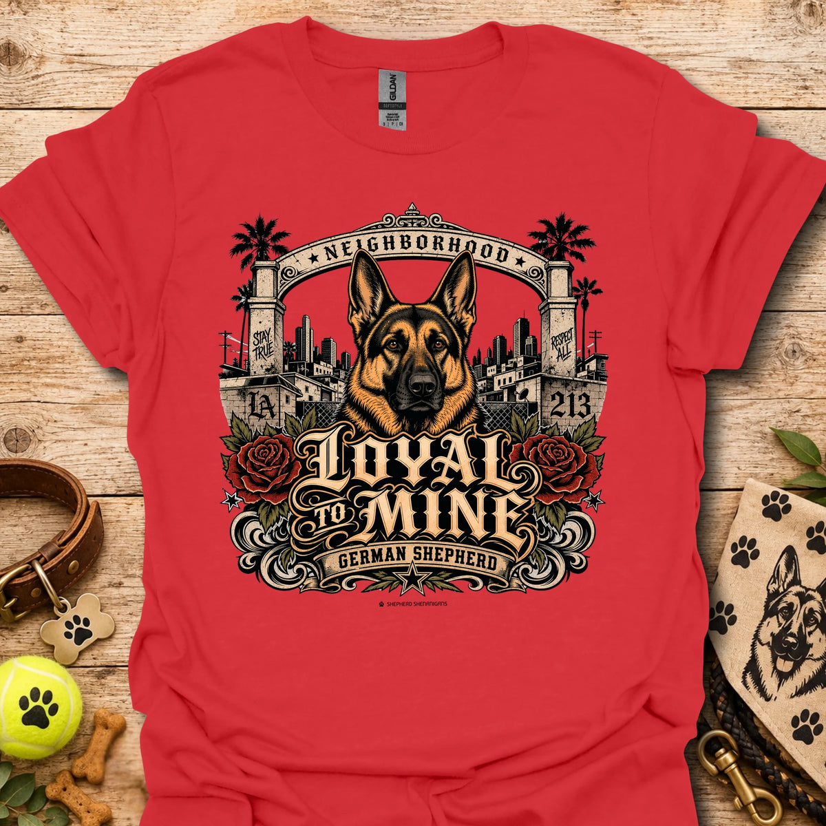 Red Loyal To Mine T-Shirt with German shepherd front graphic and roses