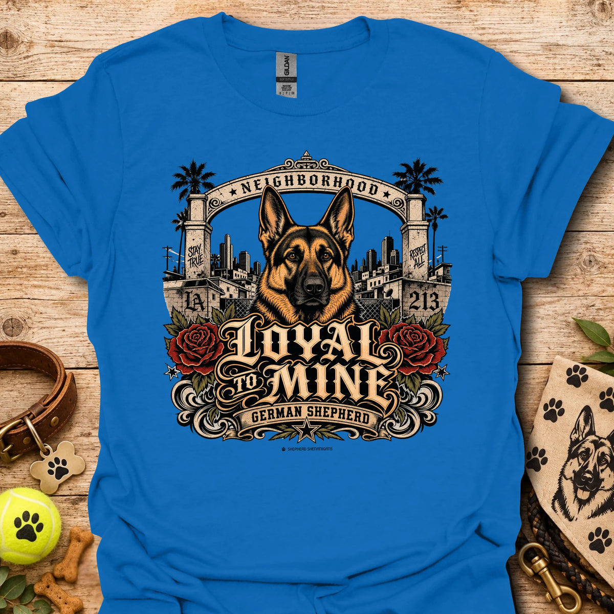 Royal blue Loyal To Mine T-Shirt with German shepherd front graphic and roses