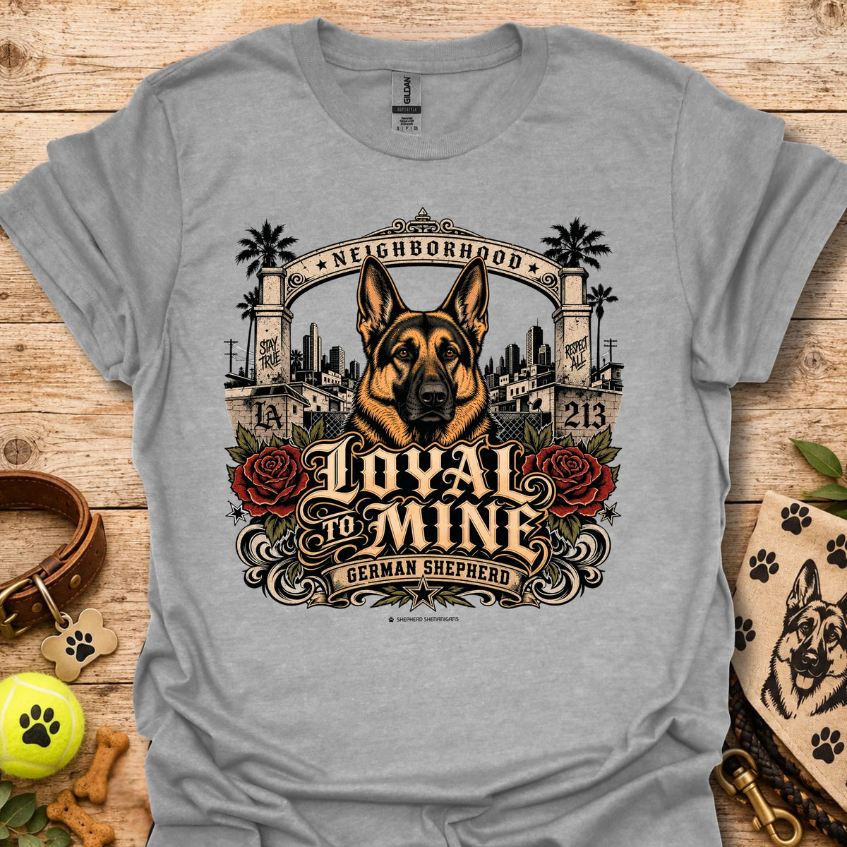 Sport grey Loyal To Mine T-Shirt with German shepherd front graphic and roses