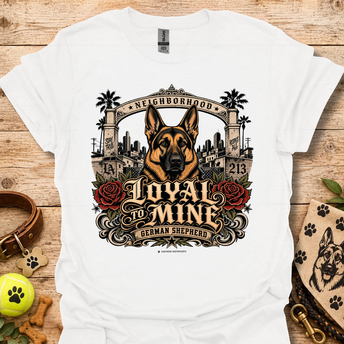 White Loyal To Mine T-Shirt with German shepherd front graphic and roses