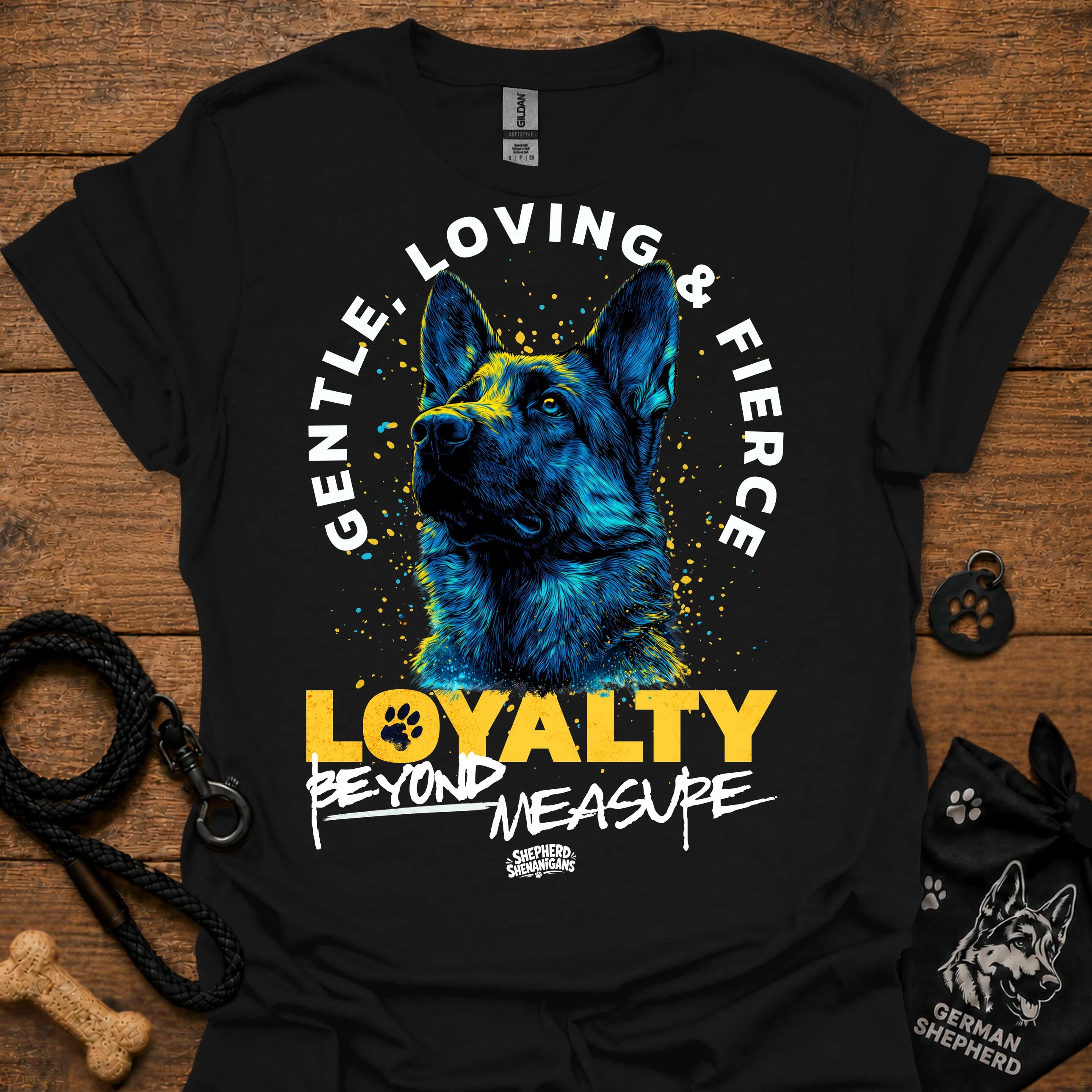 Black T-shirt with German shepherd graphic and “LOVING & FIRE” circular text