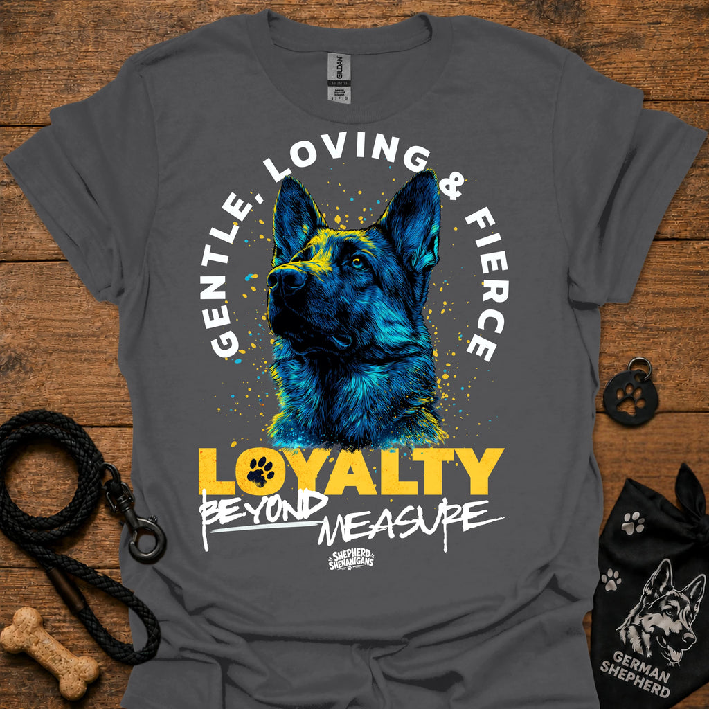 Dark gray T-shirt with German shepherd graphic and circular “LOVING &” text