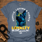 Steel blue T-shirt with German shepherd graphic and “LOVING & FIRE” circular text