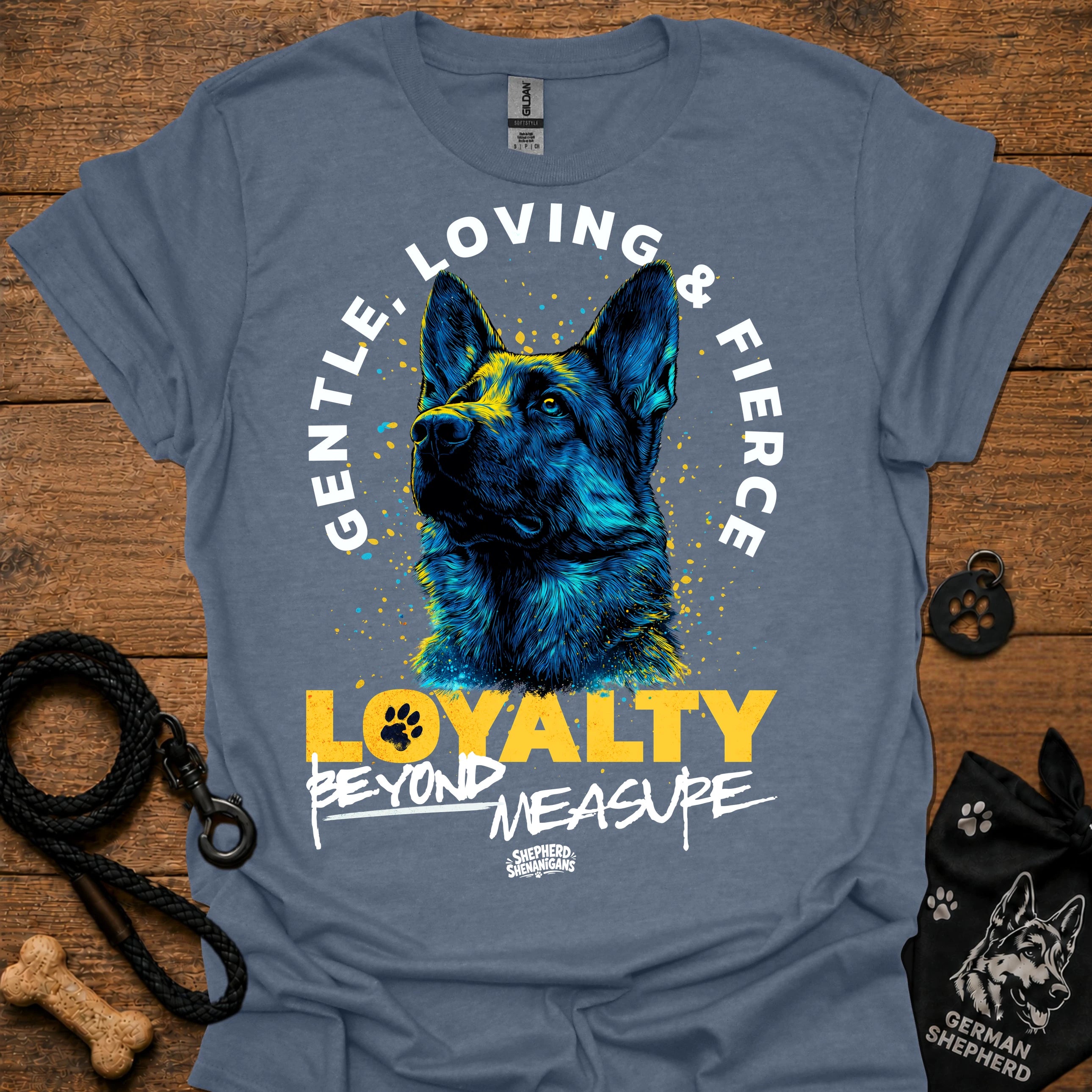 Steel blue T-shirt with German shepherd graphic and “LOVING & FIRE” circular text