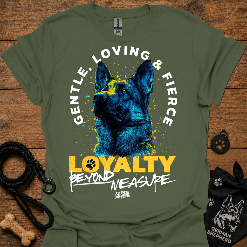 Green T-shirt with German shepherd graphic and “LOVING & FIRE” circular text