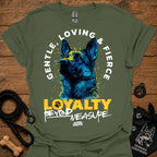 Green T-shirt with German shepherd graphic and “LOVING & FIRE” circular text