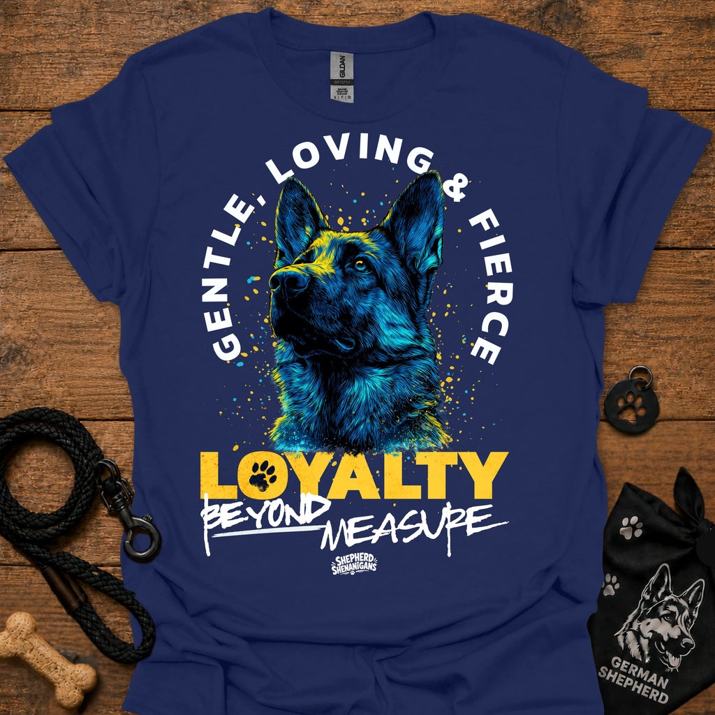 Navy T-shirt with German shepherd graphic and “LOVING & FIRE” circular text