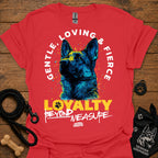 Red T-shirt with German shepherd graphic and “LOVING & FIRE” circular text