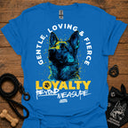 Blue T-shirt with German shepherd graphic and “LOVING & FIRE” circular text