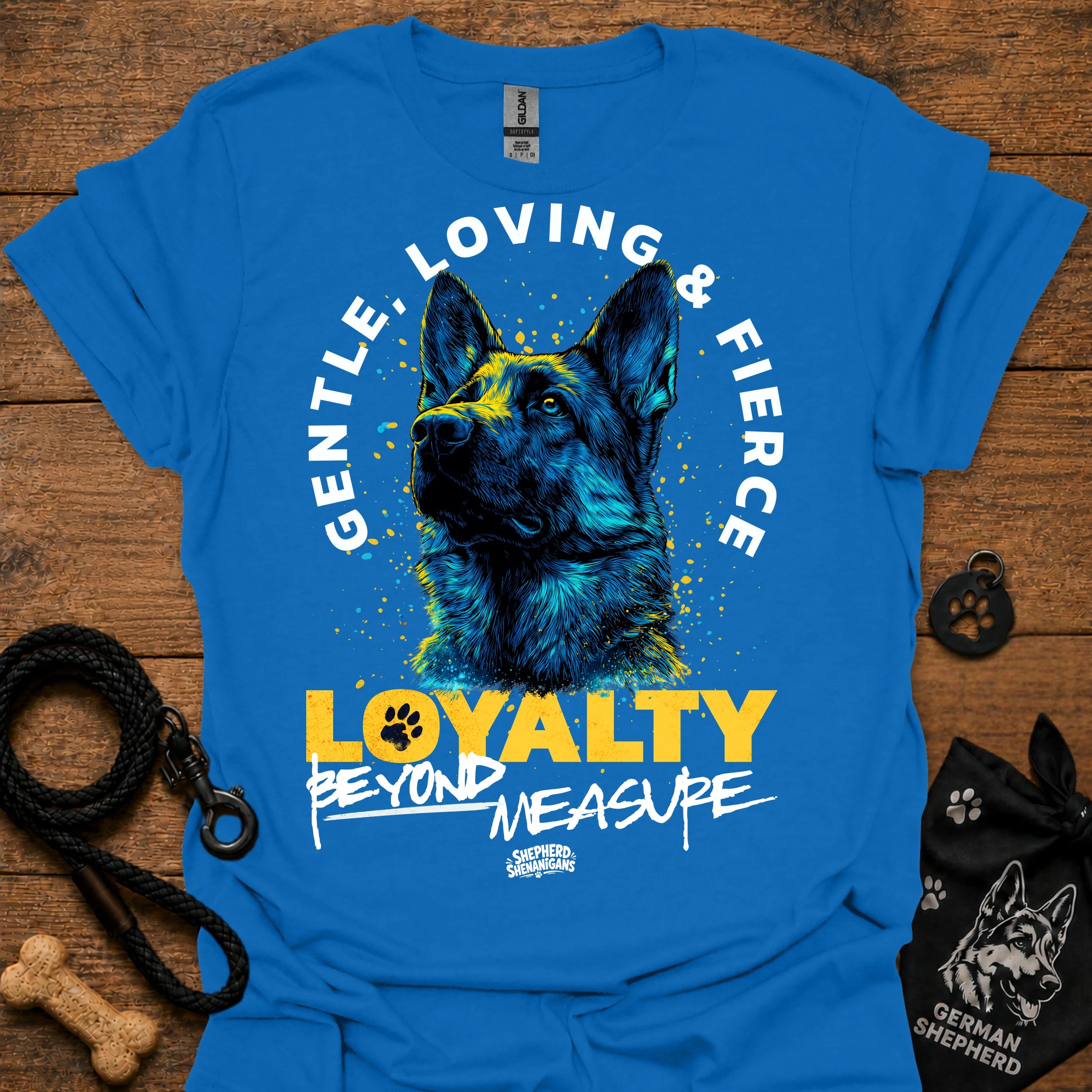 Blue T-shirt with German shepherd graphic and “LOVING & FIRE” circular text