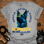 Heather gray T-shirt with German shepherd graphic and “LOVING & FIRE” circular text