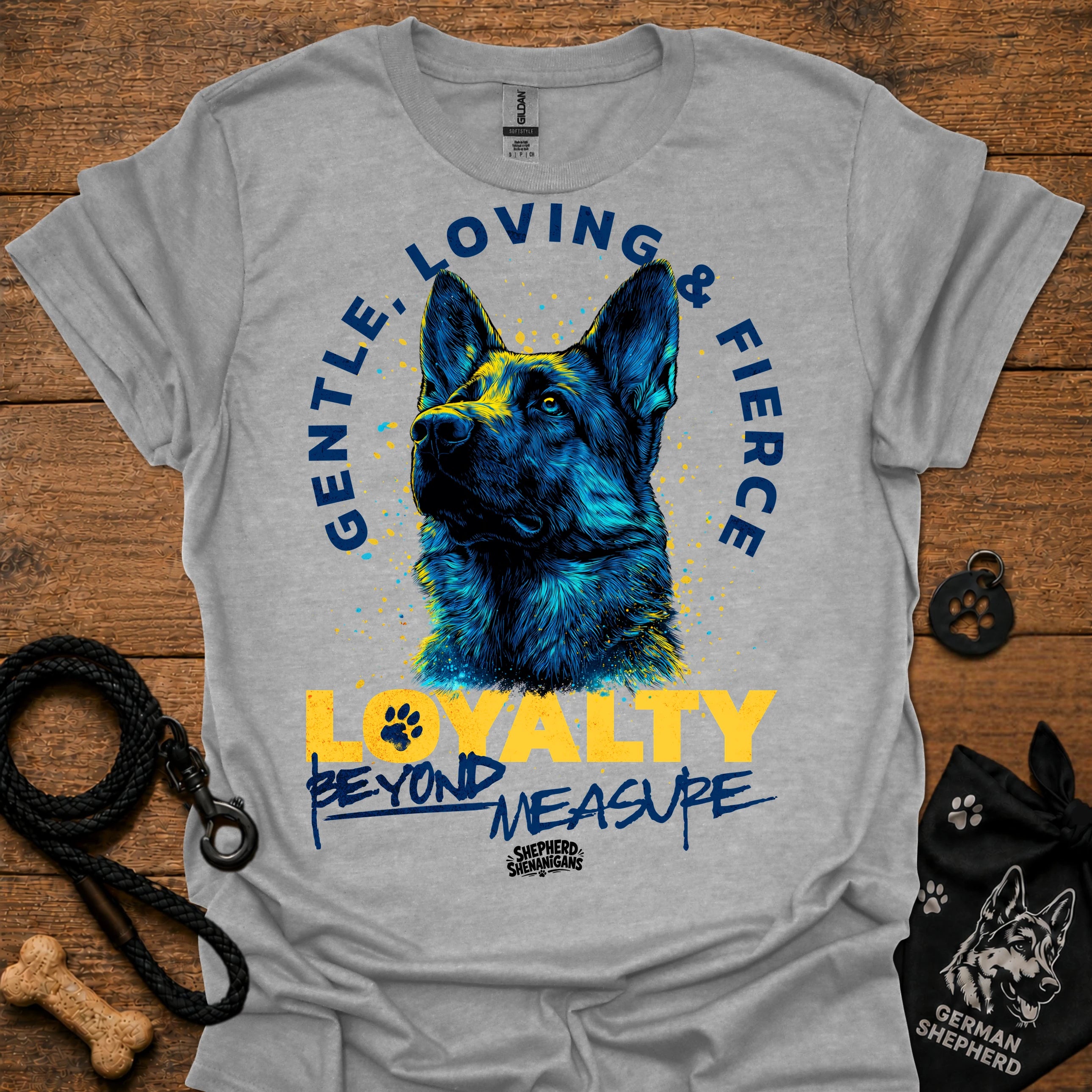Heather gray T-shirt with German shepherd graphic and “LOVING & FIRE” circular text