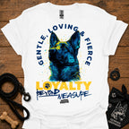 White T-shirt with German shepherd graphic and “LOVING & FIRE” circular text