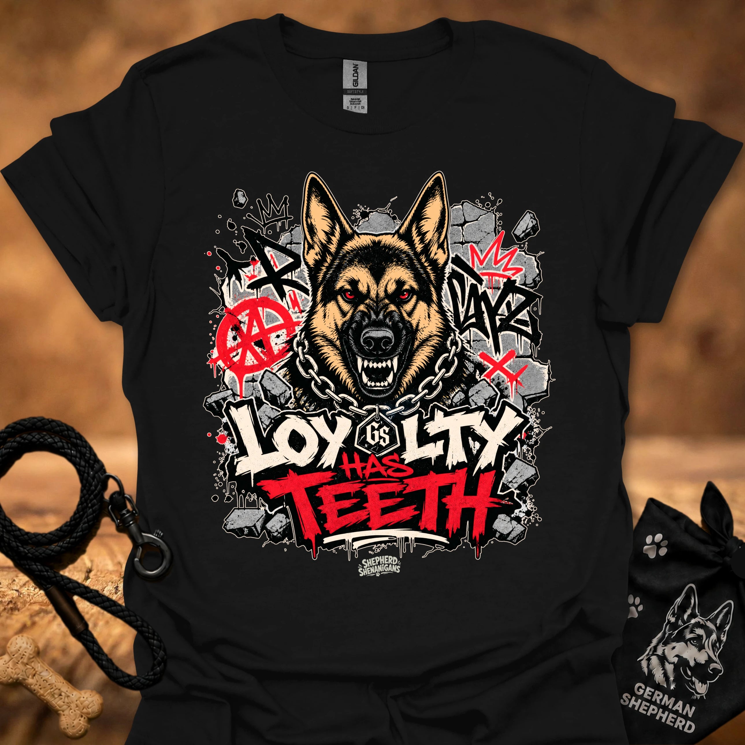 Black graphic dog face T-shirt with bold red and black street-style lettering