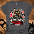 Charcoal graphic dog face T-shirt with bold red and black street-style lettering