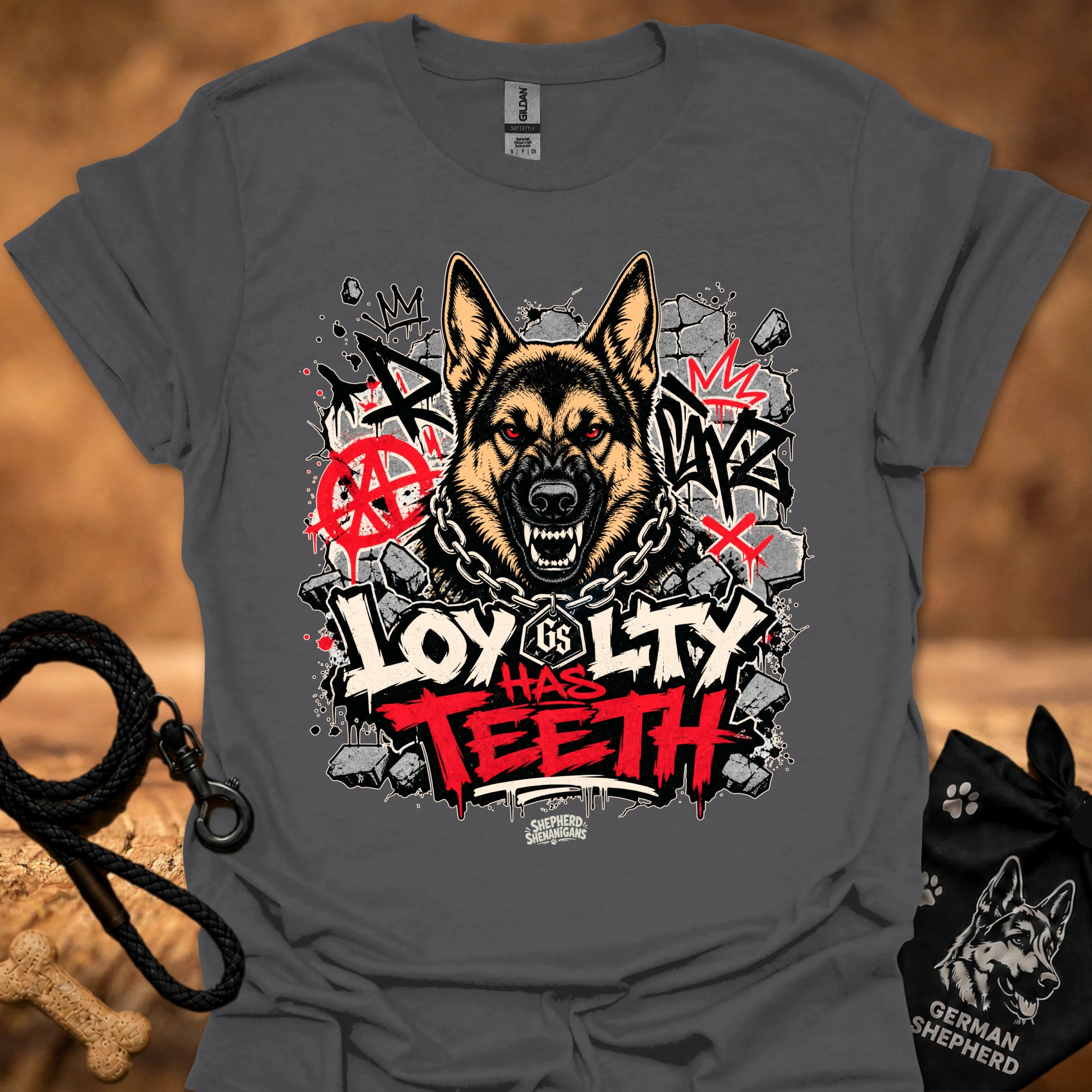 Charcoal graphic dog face T-shirt with bold red and black street-style lettering