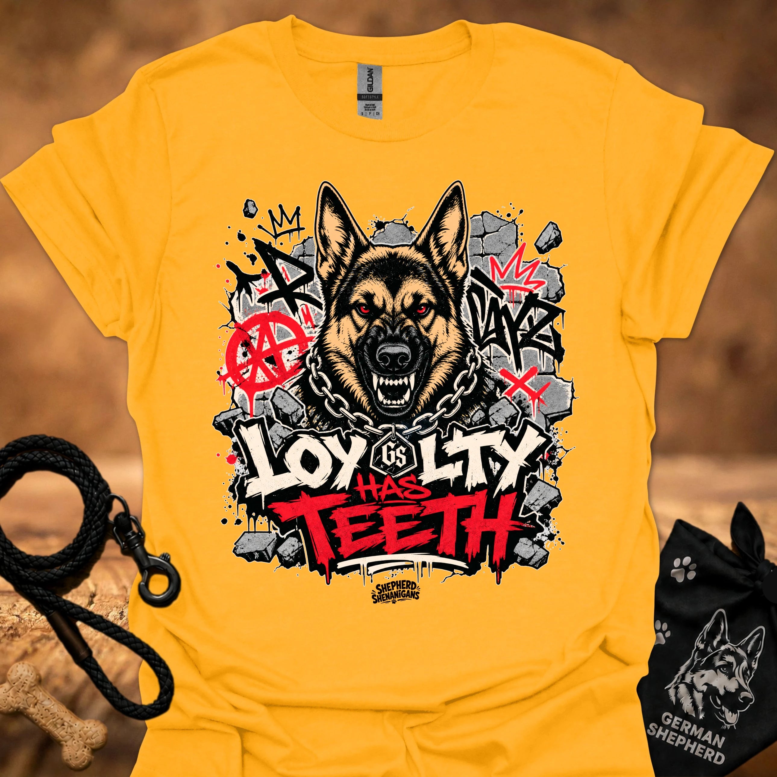 Gold graphic dog face T-shirt with bold red and black street-style lettering
