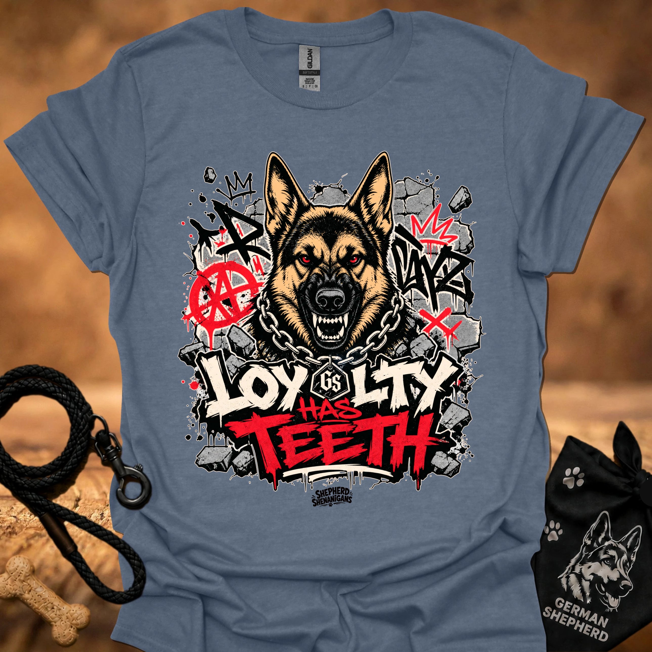 Heather indigo graphic dog face T-shirt with bold red and black street-style lettering