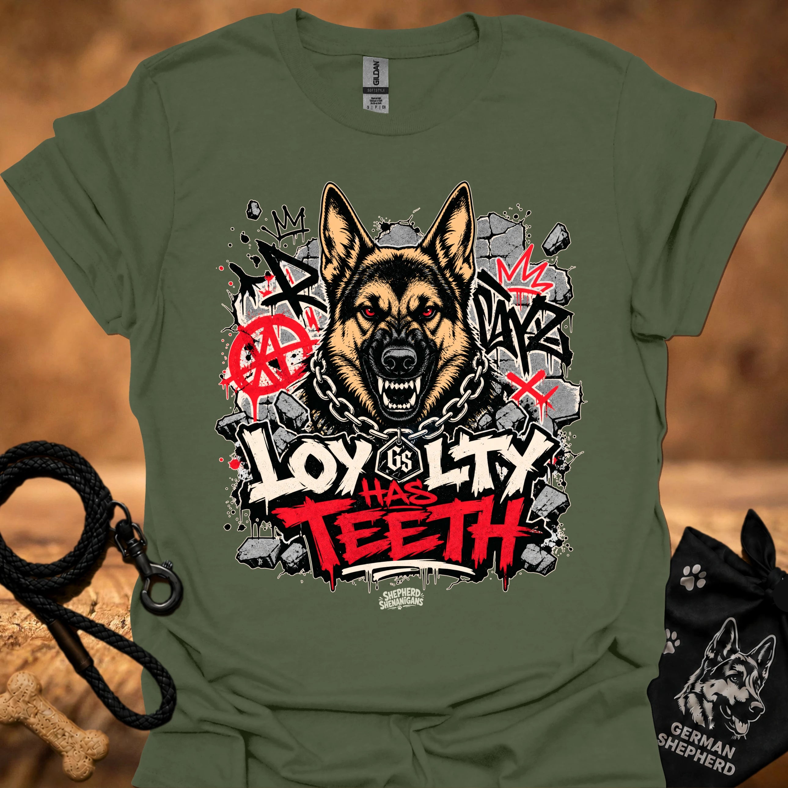 Military green graphic dog face T-shirt with bold red and black street-style lettering