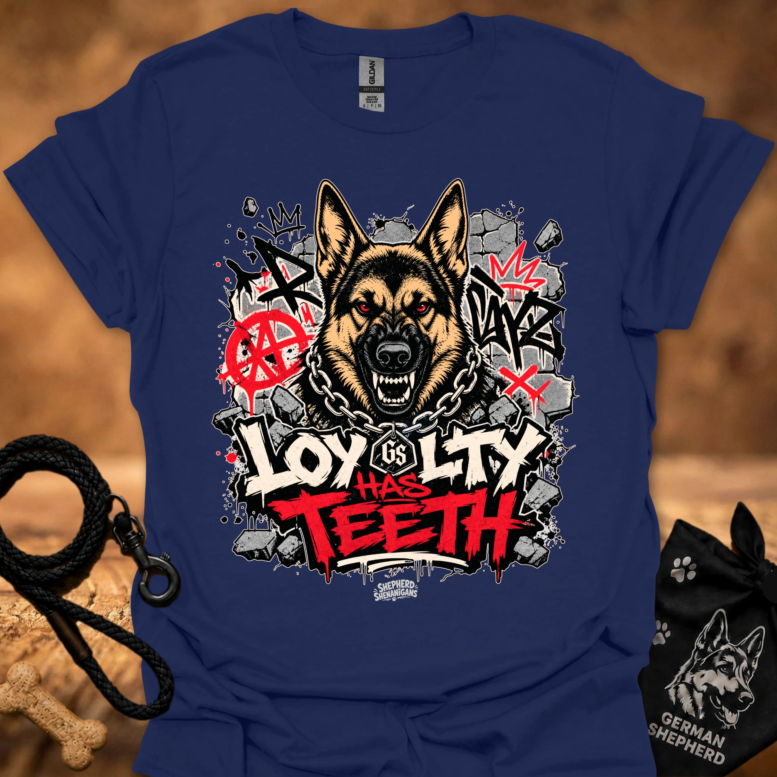 Royal blue graphic dog face T-shirt with bold red and black street-style lettering