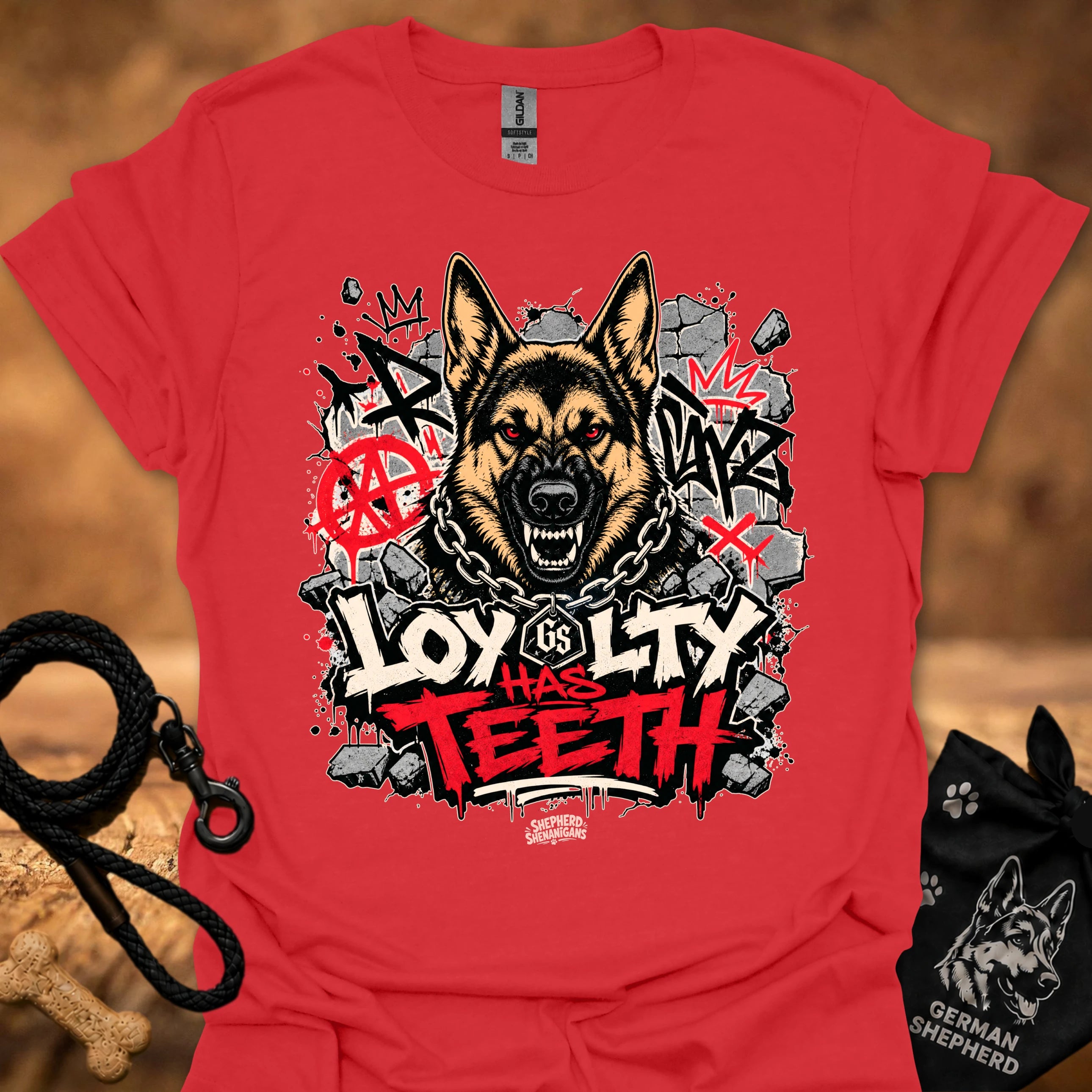 Red graphic dog face T-shirt with bold red and black street-style lettering
