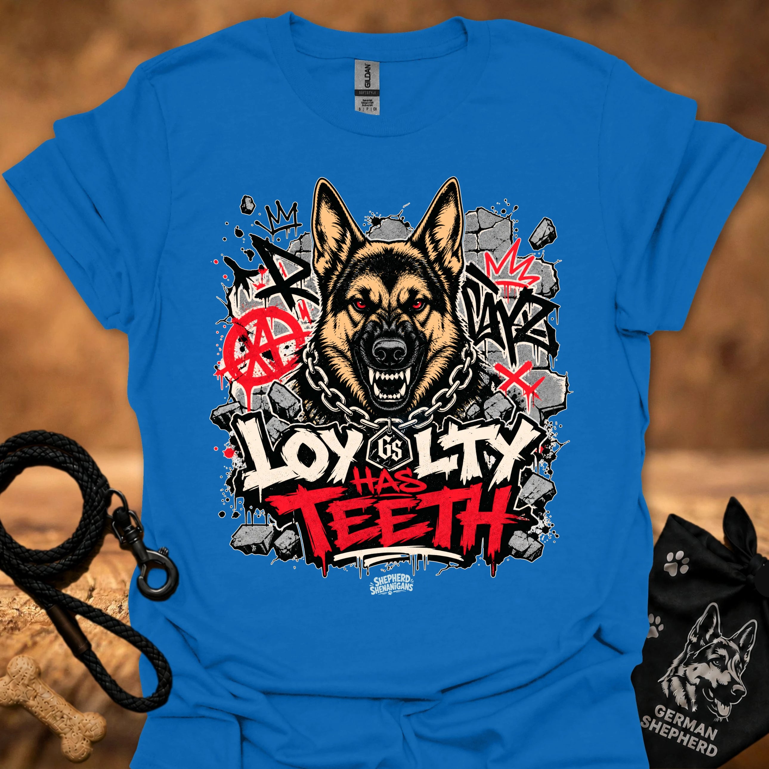 Blue graphic dog face T-shirt with bold red and black street-style lettering