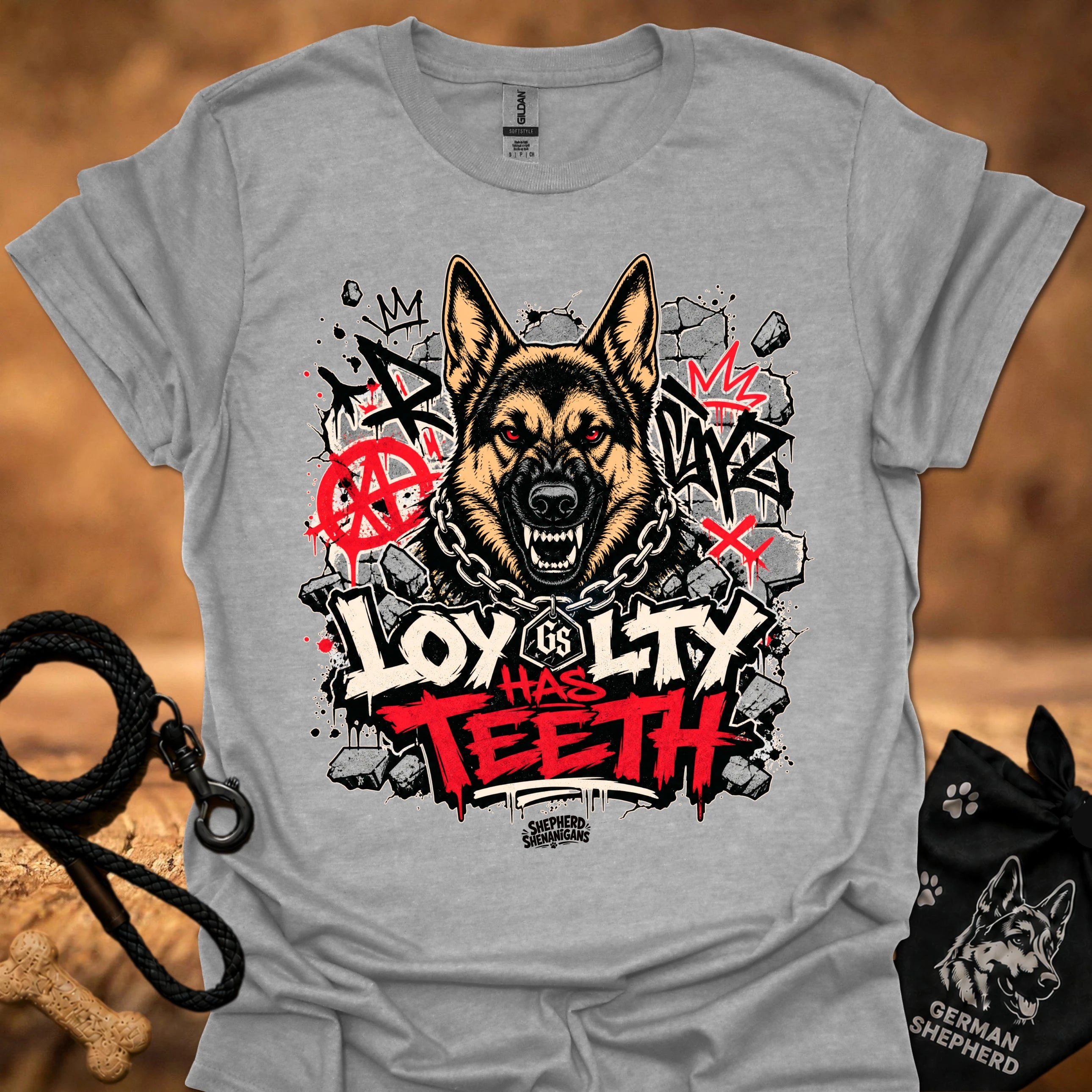 Sport grey graphic dog face T-shirt with bold red and black street-style lettering