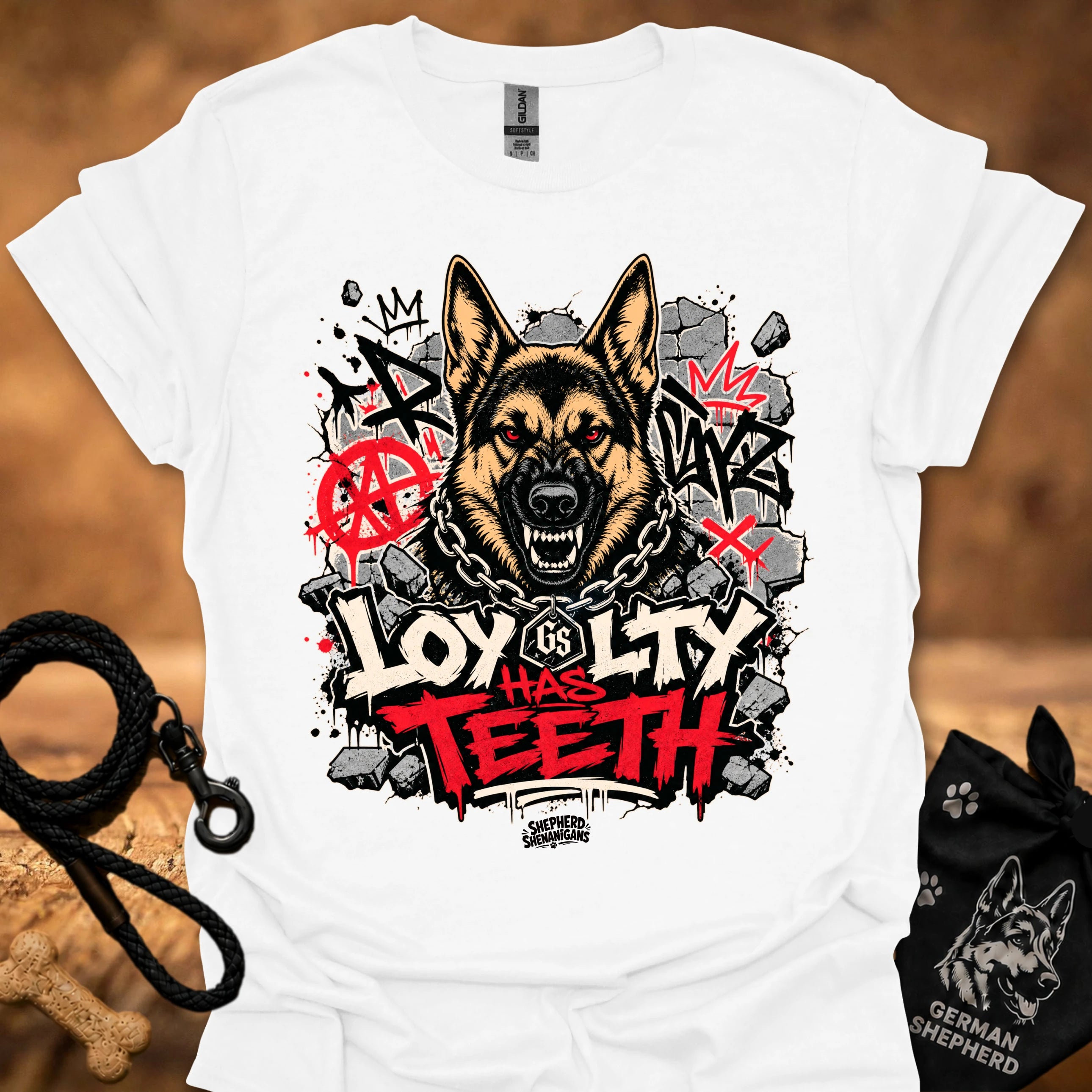 White graphic dog face T-shirt with bold red and black street-style lettering