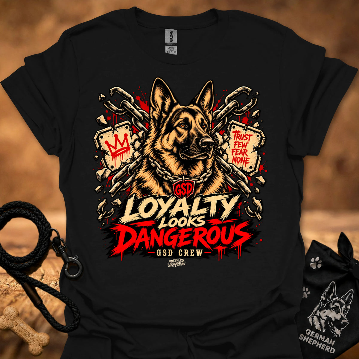 Black graphic t-shirt with German shepherd and 'LOYALTY LOOKS DANGEROUS' print