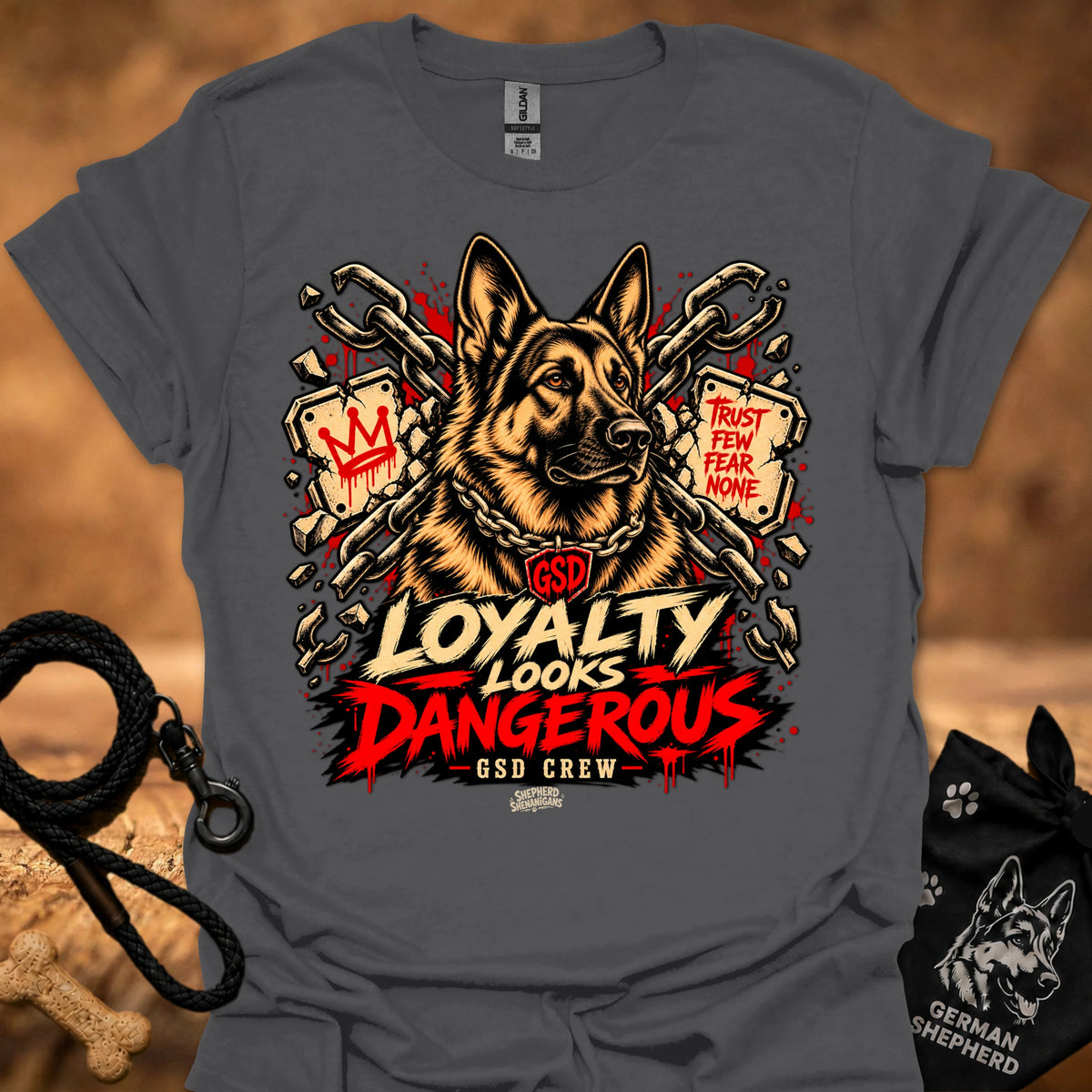 Black graphic t-shirt with German shepherd and 'LOYALTY LOOKS DANGEROUS' print
