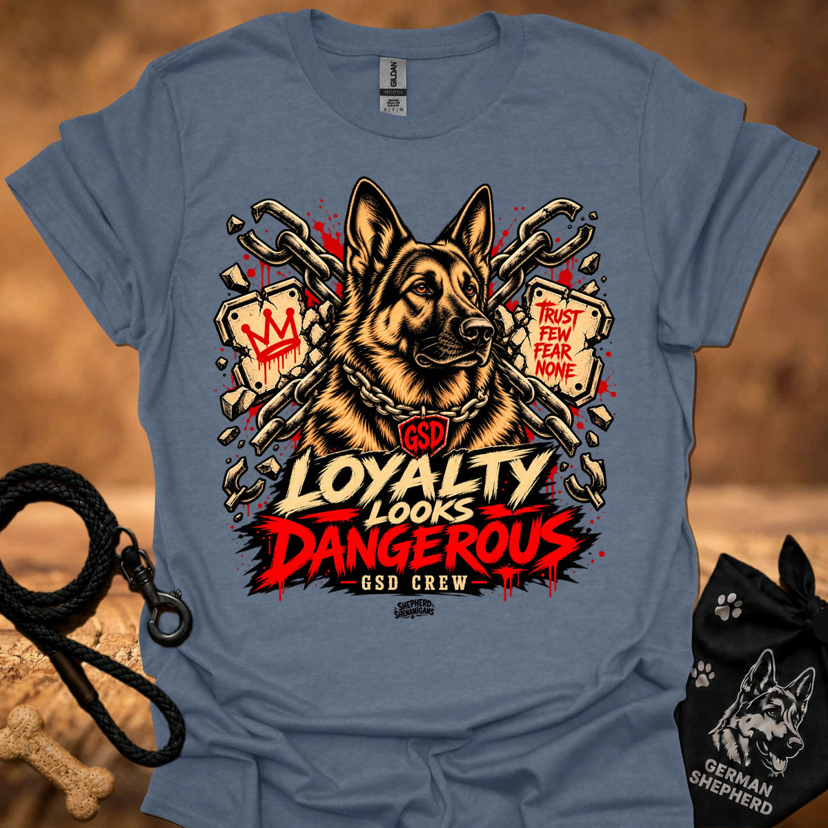 Steel blue graphic t-shirt with German shepherd and 'LOYALTY LOOKS DANGEROUS' print