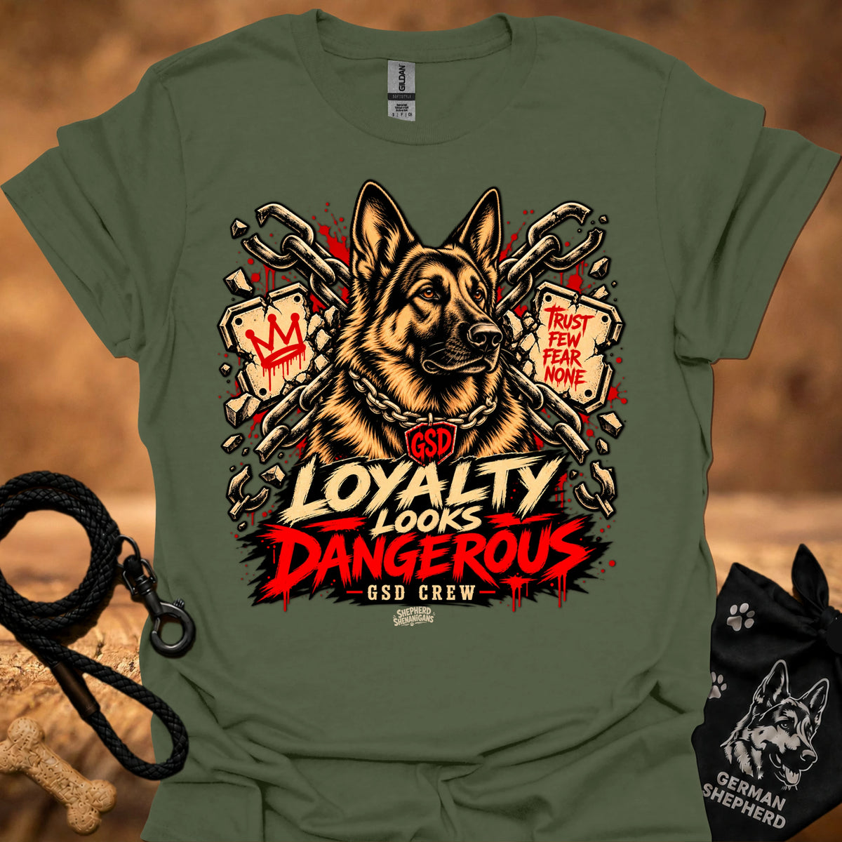 Military green graphic t-shirt with German shepherd and 'LOYALTY LOOKS DANGEROUS' print
