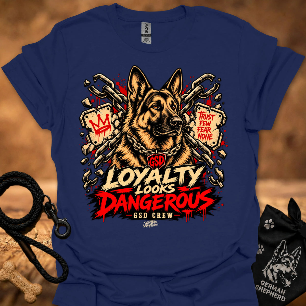 Navy graphic t-shirt with German shepherd and 'LOYALTY LOOKS DANGEROUS' print