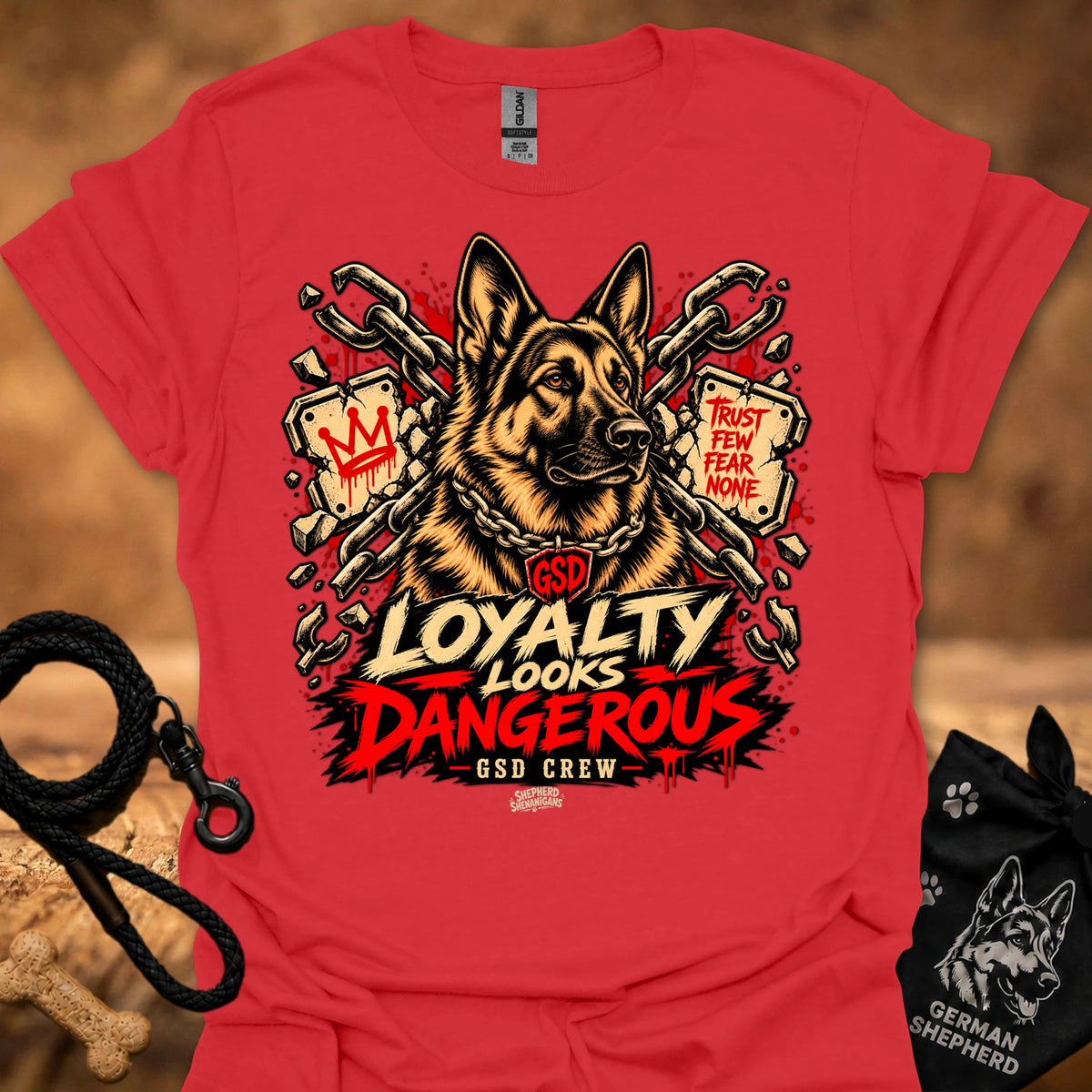 Red graphic t-shirt with German shepherd and 'LOYALTY LOOKS DANGEROUS' print